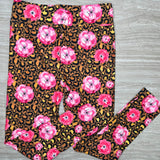 Pink Roses on Golden Leopard Print Leggings