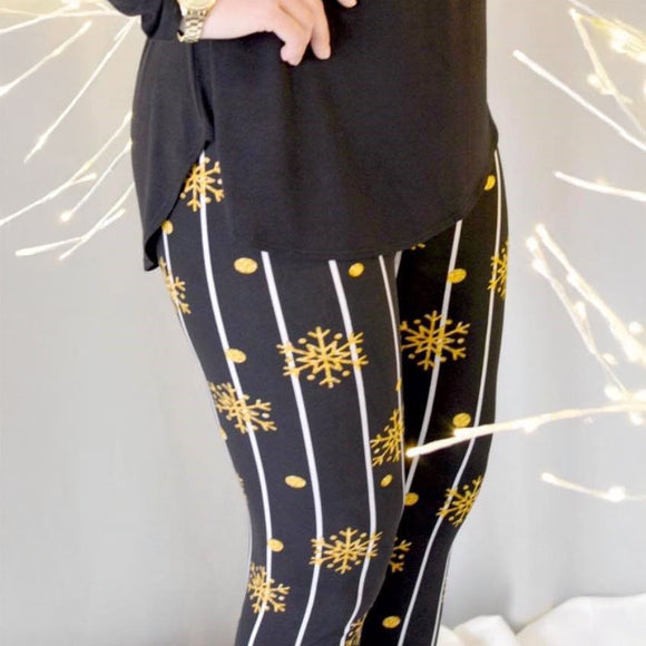 Gold Snowflake Pinstripe Print Holiday Soft Leggings - Adult & Kid Sizes