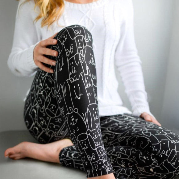 Best Friend - Cats & Dogs Print Soft Black Leggings -Adult & Kids Sizes