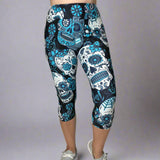 Large Sugar Skull Soft Capri Leggings w/ Pocket In Yoga Band