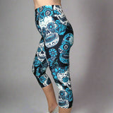 Large Sugar Skull Soft Capri Leggings w/ Pocket In Yoga Band