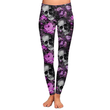 Etched Purple Lotus Flower Skull Print Leggings