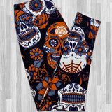 Large Sugar Skull Print Leggings Soft Full Length w/ Pocket In Yoga Band