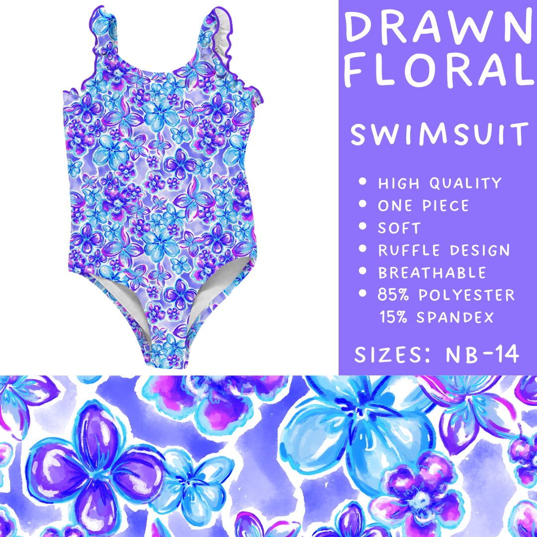 Ready to Ship - Drawn Floral Girls Swimsuit - 3T & 5T