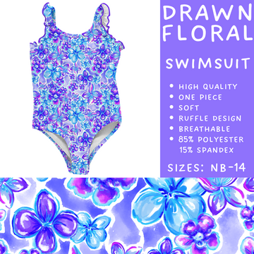 Ready to Ship - Drawn Floral Girls Swimsuit - 3T & 5T