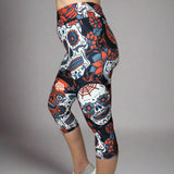 Large Sugar Skull Soft Capri Leggings w/ Pocket In Yoga Band