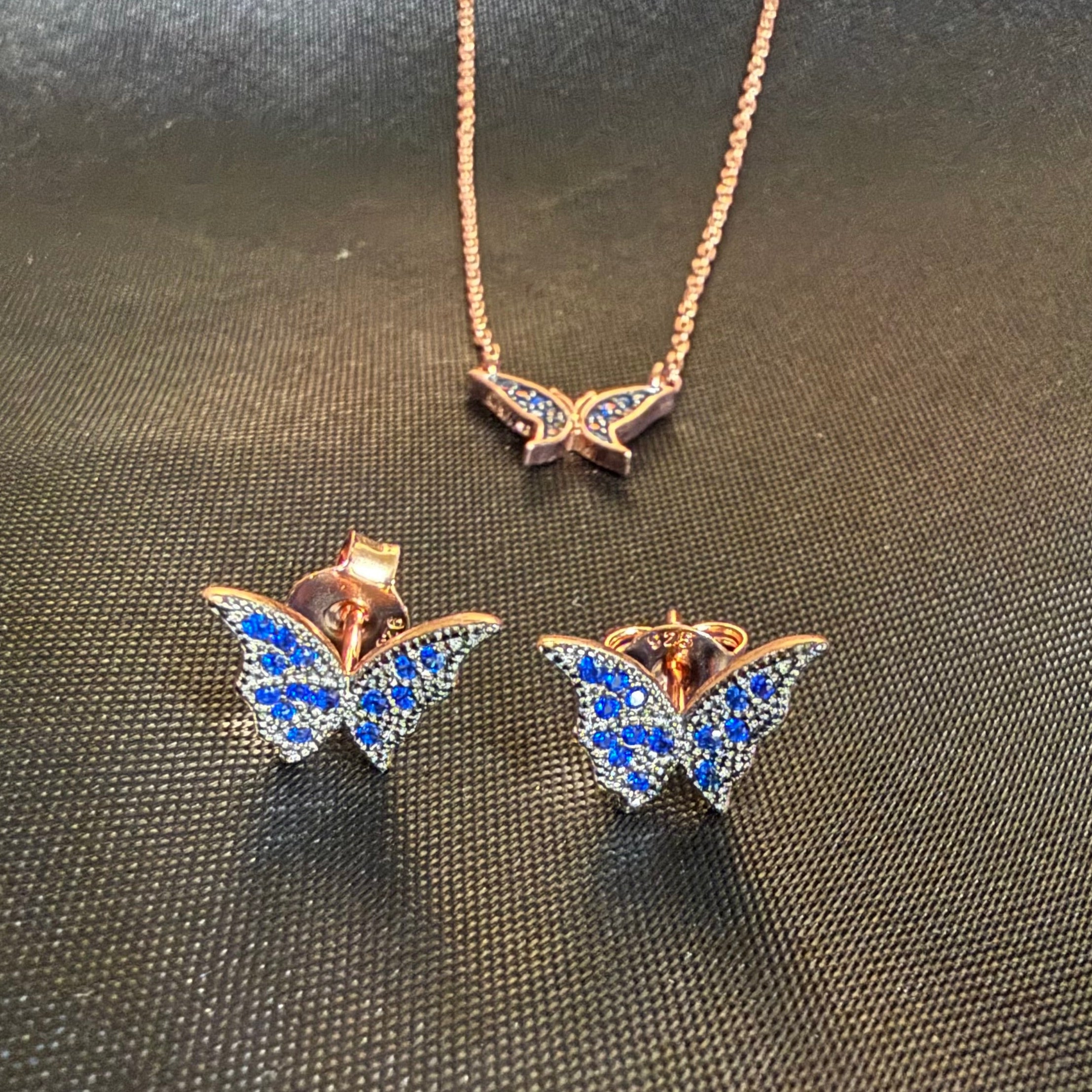 Micro Butterfly Necklace & Earring .925 Gold Plated CZ – 7 Colors – 16"+1.5" .925 Sterling Silver