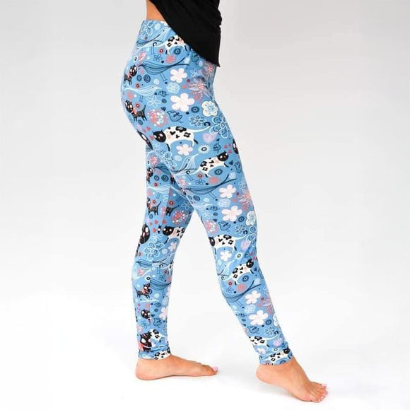 Parisian Blue Kitty Cat Print Soft Leggings