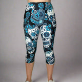 Large Sugar Skull Soft Capri Leggings w/ Pocket In Yoga Band