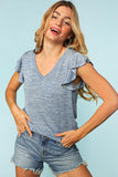 Denim Two Tone V Neck Ruffle Sleeve Top