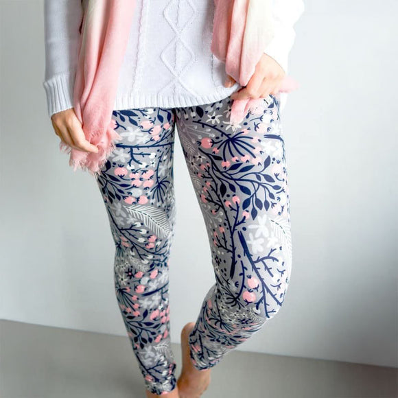 Queen Lace Flower Pink & Gray Print Soft Stretchy Leggings