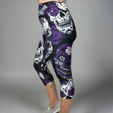 Large Sugar Skull Soft Capri Leggings w/ Pocket In Yoga Band