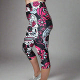 Large Sugar Skull Soft Capri Leggings w/ Pocket In Yoga Band