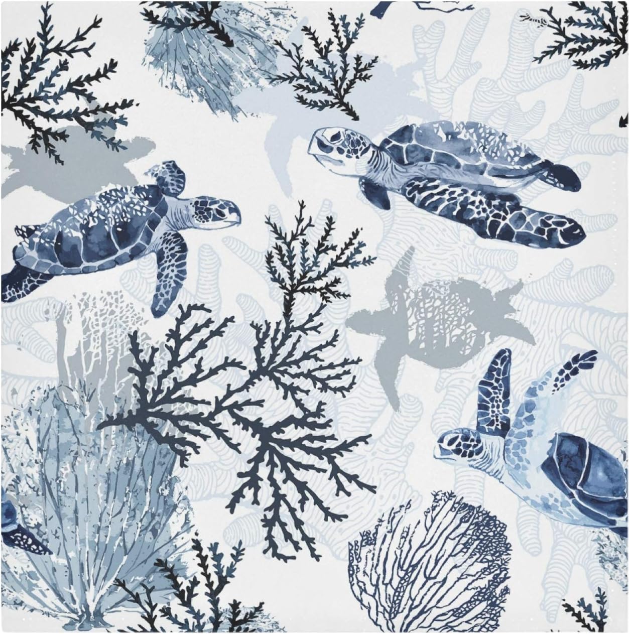 Coastal Porcelain Blue White Sea Turtle & Coral Print Soft Leggings