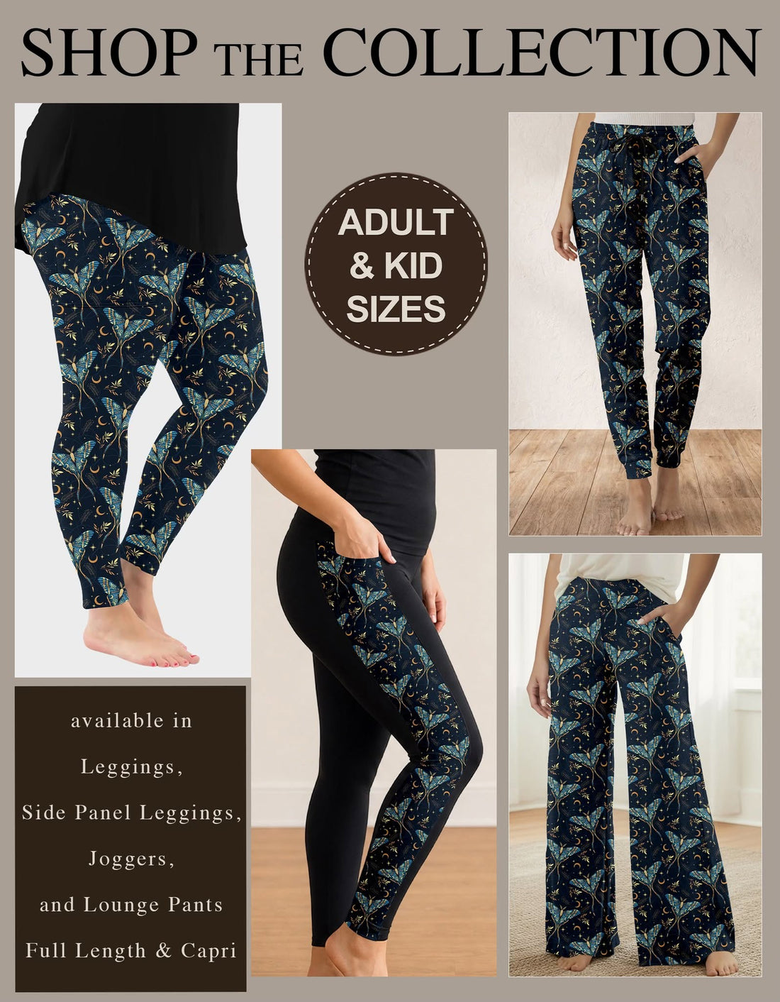 B318 - Preorder Golden Blue Moth Leggings, Joggers & Lounge Pants (Closes 10/25. ETA: late Dec.)