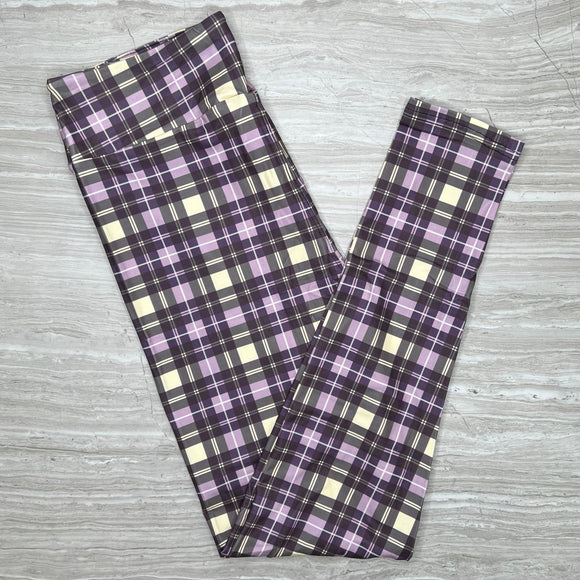 Vintage Lilac Purple Plaid Print Soft Leggings