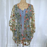 Sheer Floral Embroidered Open Front Kimono