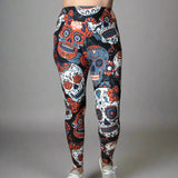 Large Sugar Skull Print Leggings Soft Full Length w/ Pocket In Yoga Band