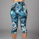 Large Sugar Skull Soft Capri Leggings w/ Pocket In Yoga Band