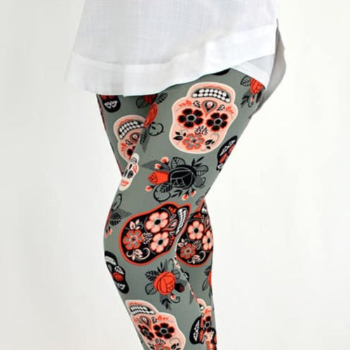 Coral Rose Sugar Skull Leggings