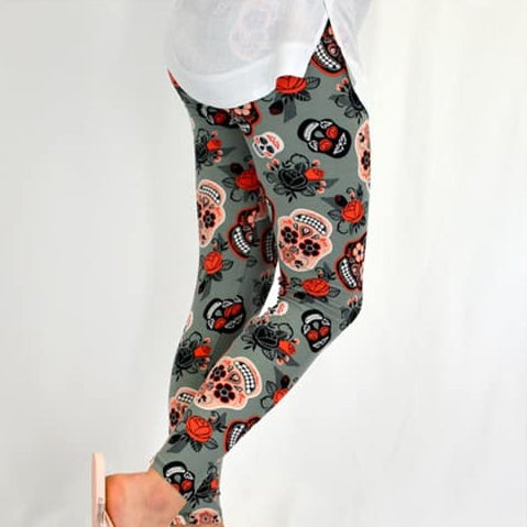 Coral Rose Sugar Skull Leggings
