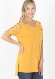 Crisscross Lattice Shoulder Half Sleeve Side Split Hi - Low Hem Oversized Top