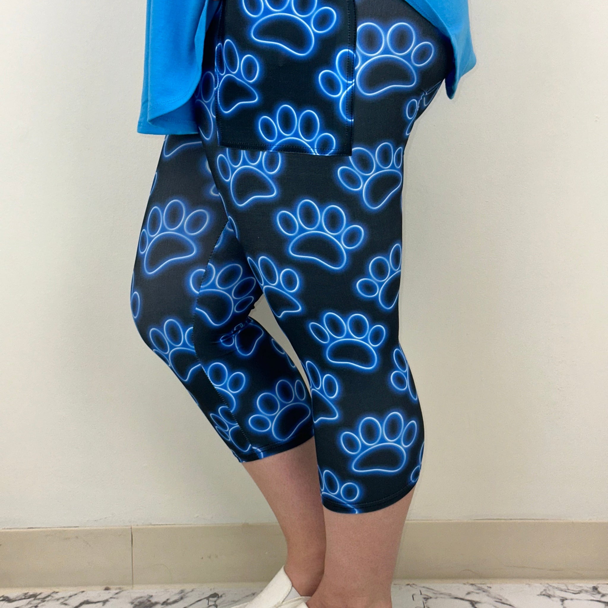 Blue Neon Paw Print Capri w/ Pockets