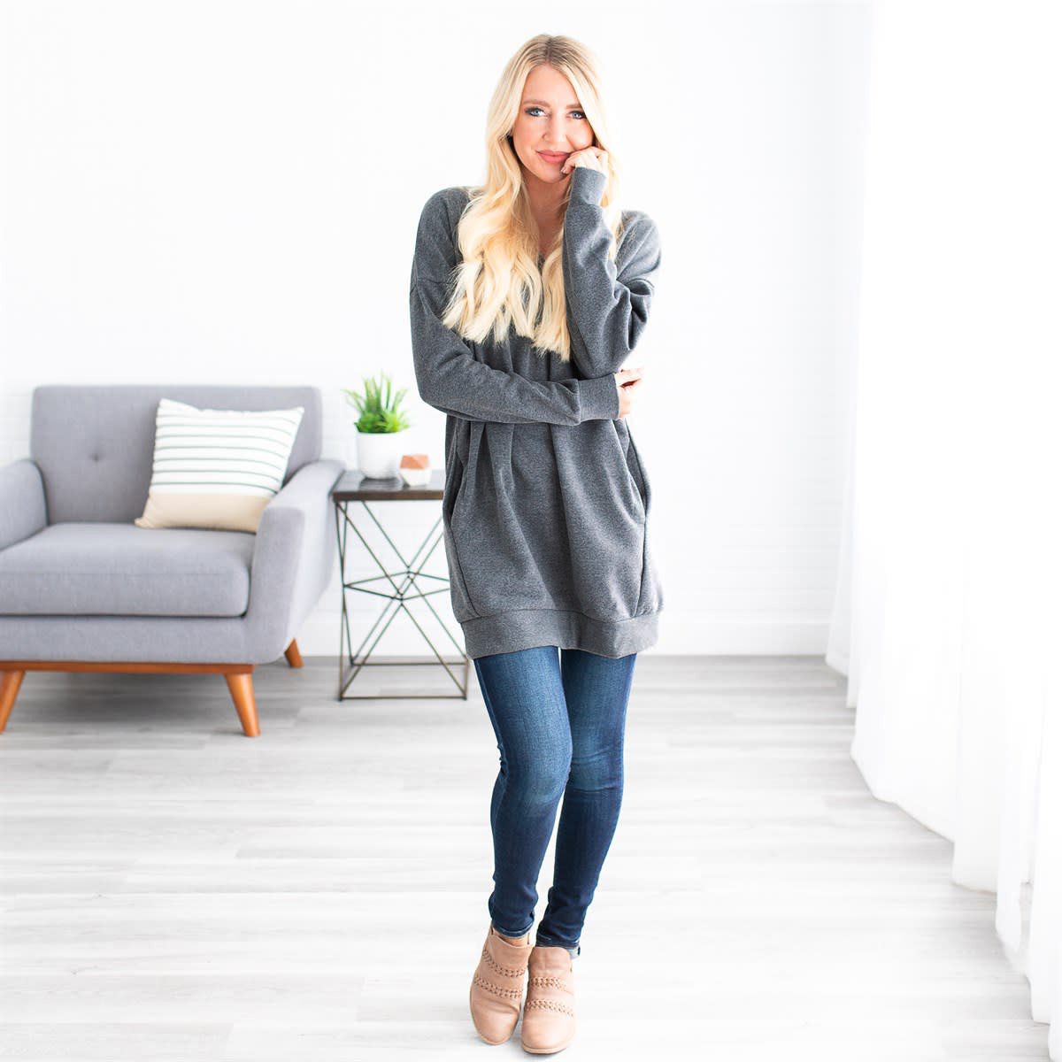 Oversized Loose Fit V-Neck Tunic Sweatshirt