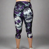 Large Sugar Skull Soft Capri Leggings w/ Pocket In Yoga Band