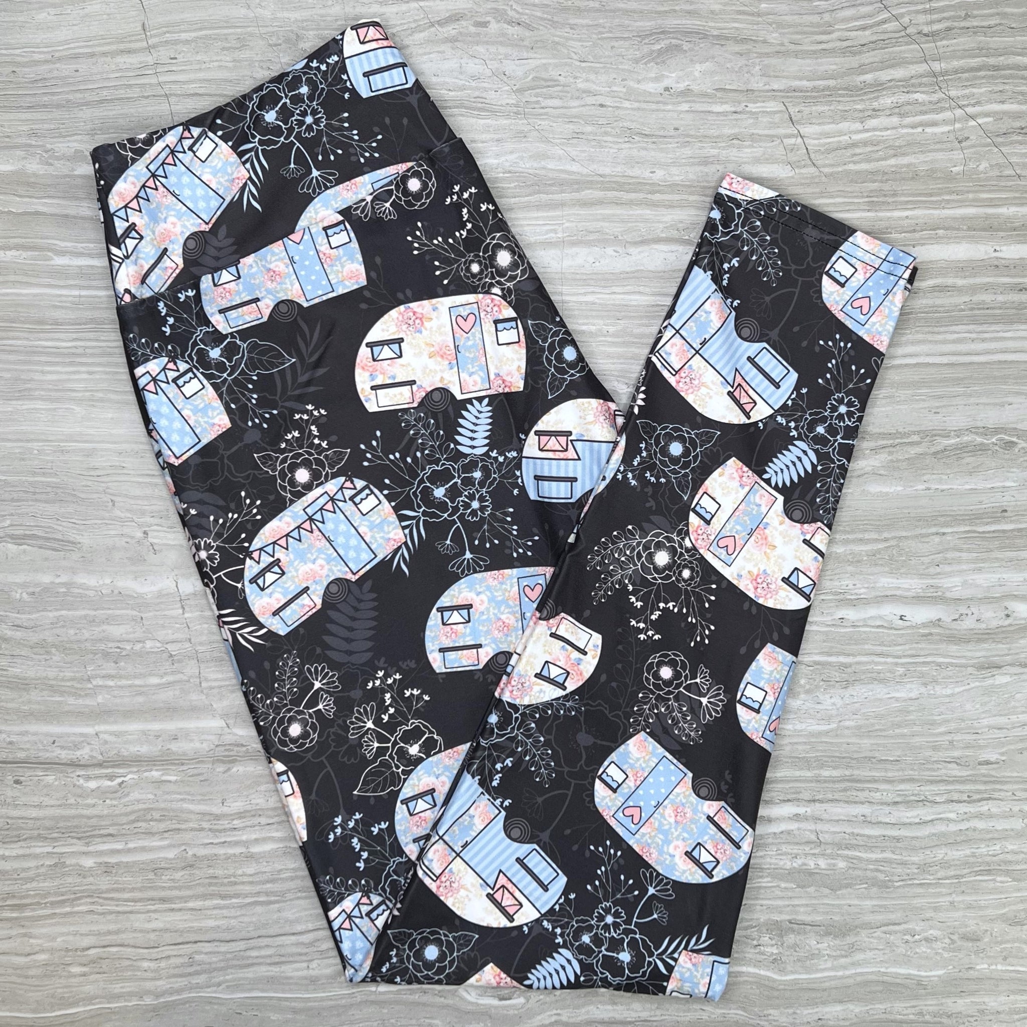 Pastel Floral Camper Print Gray Leggings