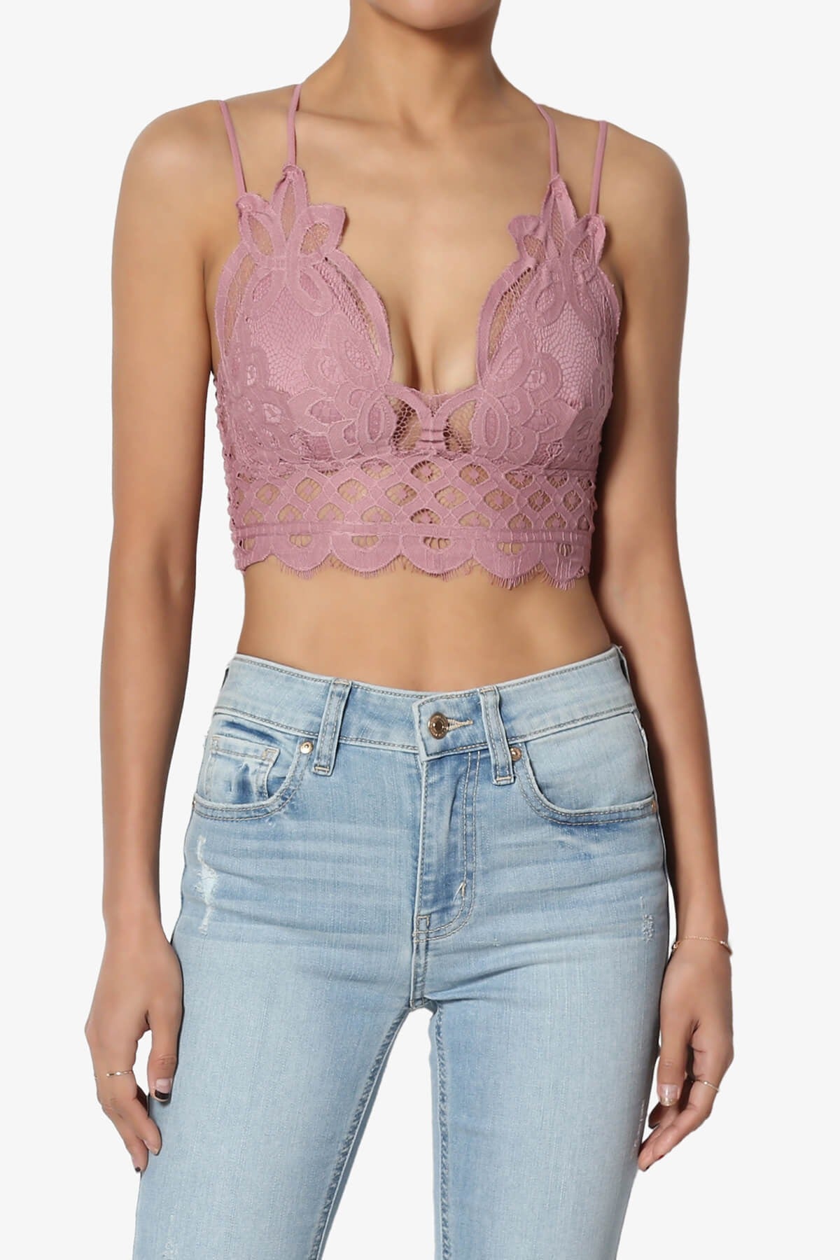 Women's Crochet Sexy Lace Bralette with Removable Pads and Cross Back Adjustable Strap Wirefree