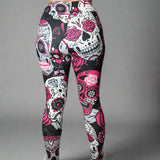 Large Sugar Skull Print Leggings Soft Full Length w/ Pocket In Yoga Band