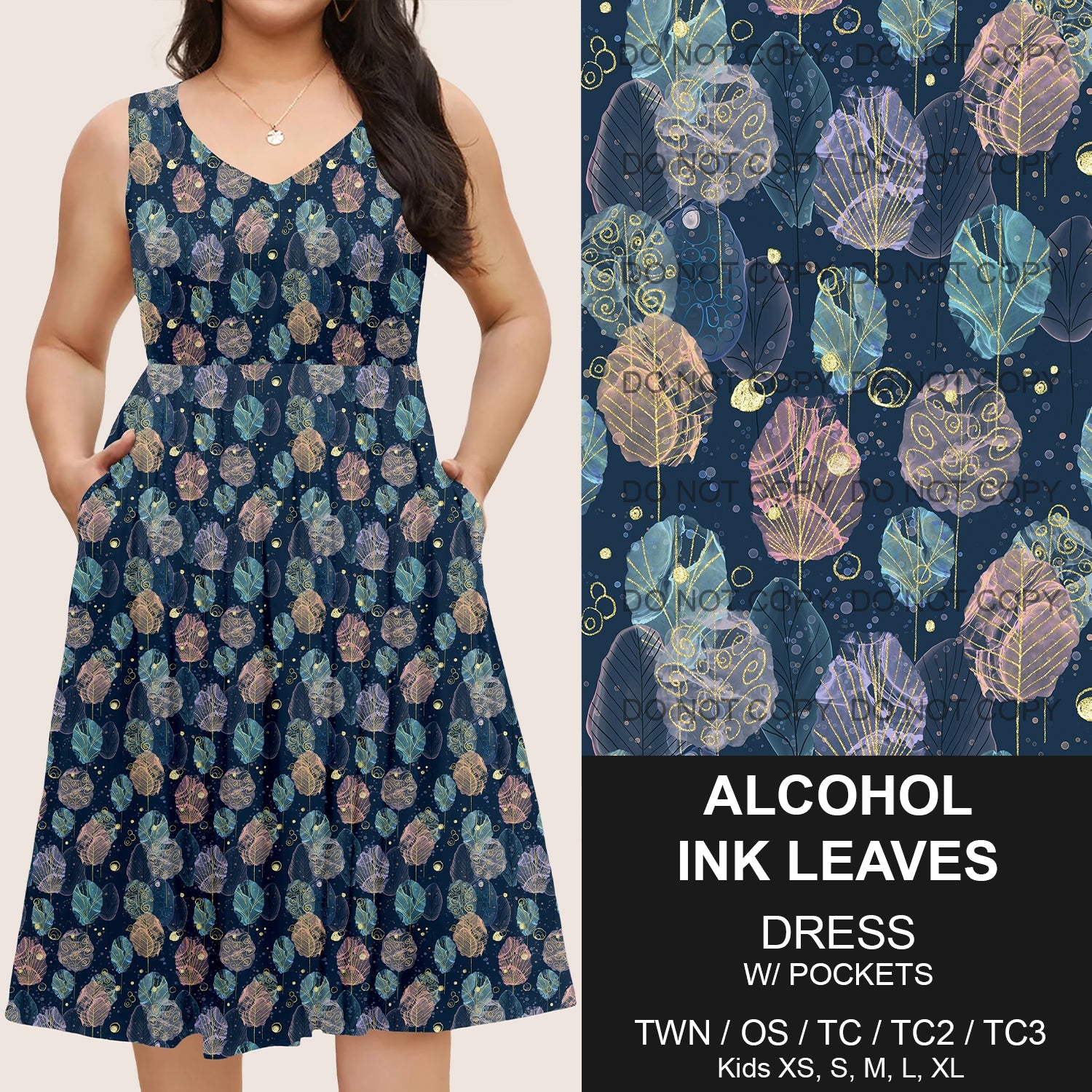 B217 - Preorder Alcohol Ink Leaves Sleeveless Pocket Dress (Closes 3/12. ETA: late May)