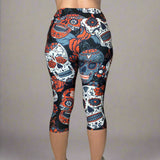 Large Sugar Skull Soft Capri Leggings w/ Pocket In Yoga Band
