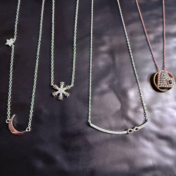 925 Sterling Silver CZ Necklaces – Star Moon, Snowflake, Heart, Infinity Bar