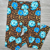 Turquoise Blue Roses on Golden Leopard Print Leggings