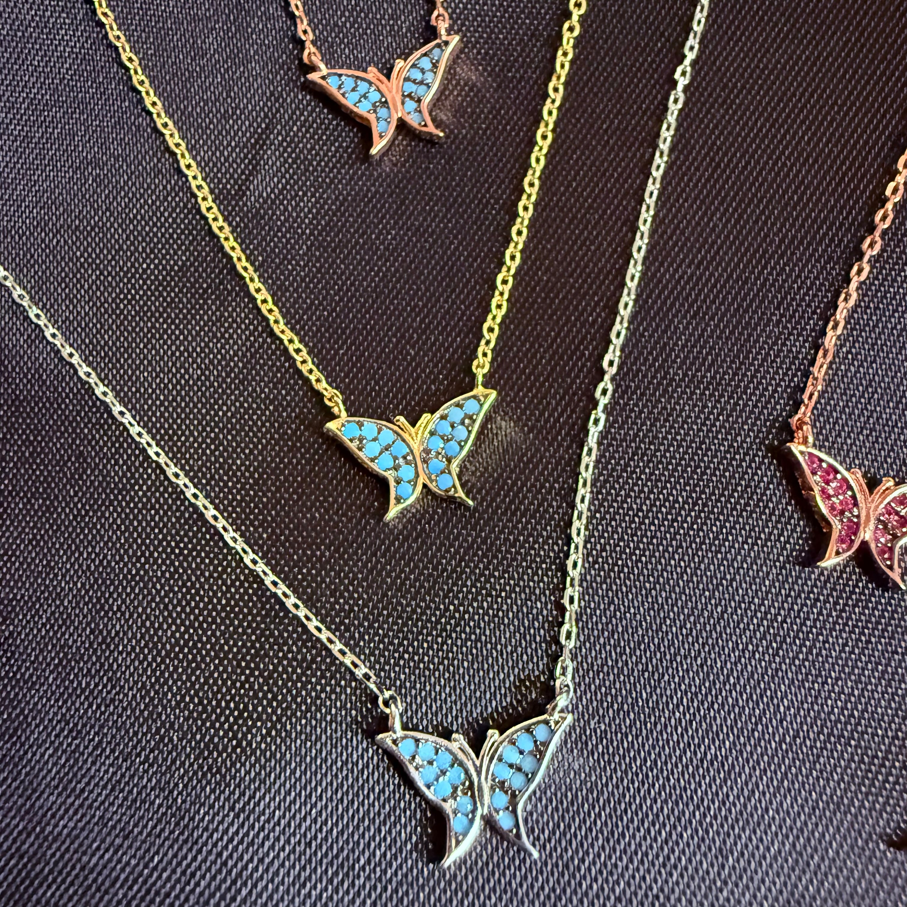 Micro Butterfly Necklace & Earring .925 Gold Plated CZ – 7 Colors – 16"+1.5" .925 Sterling Silver