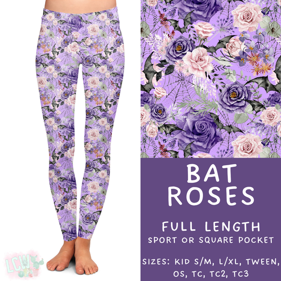 Ready To Ship - Bat Roses Full Length Leggings - Square Pocket OS - Sport Pocket OS, TC & TC2