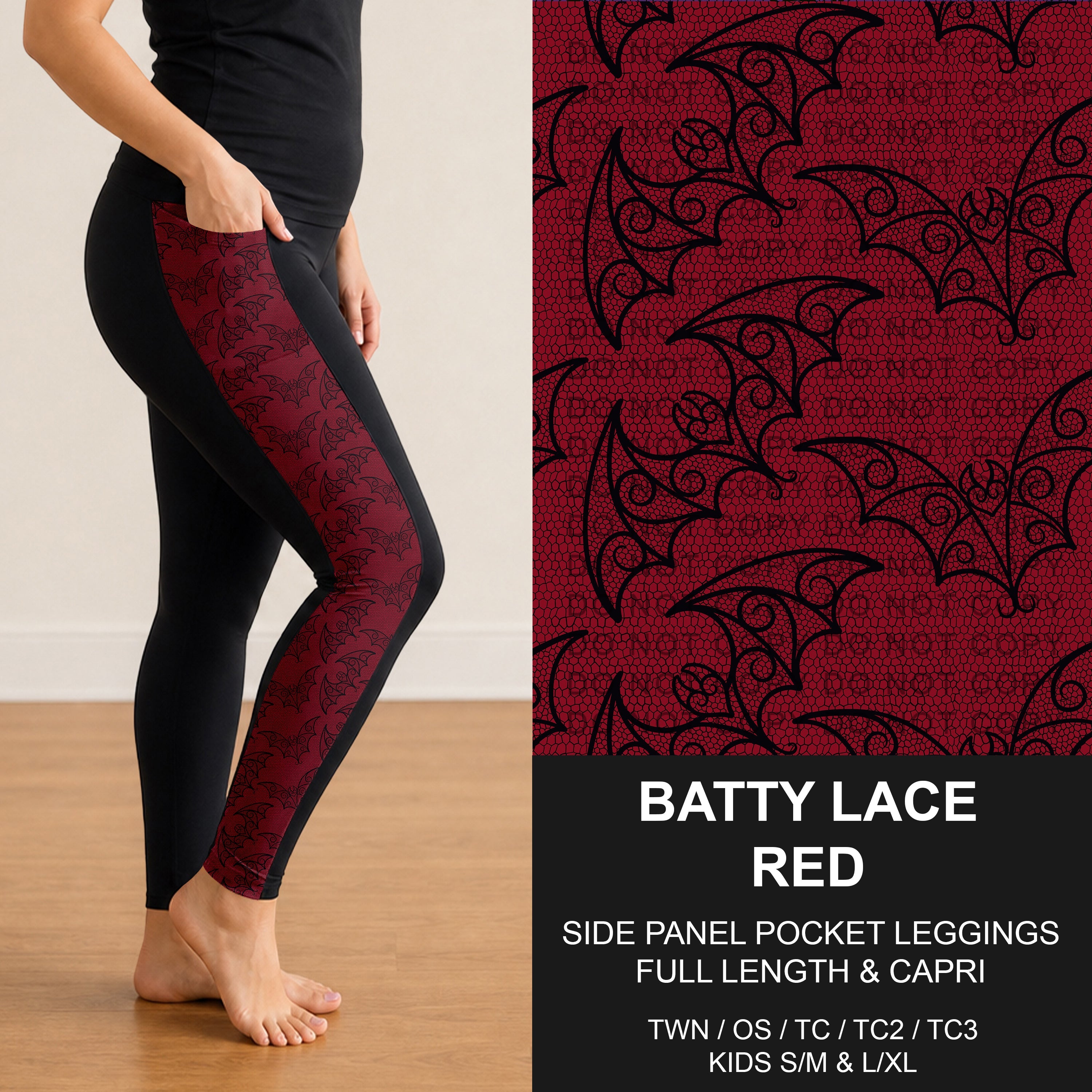B305 - Preorder Batty Lace Red Side Panel Pocket Leggings (Closes 8/02. ETA: early Oct.)