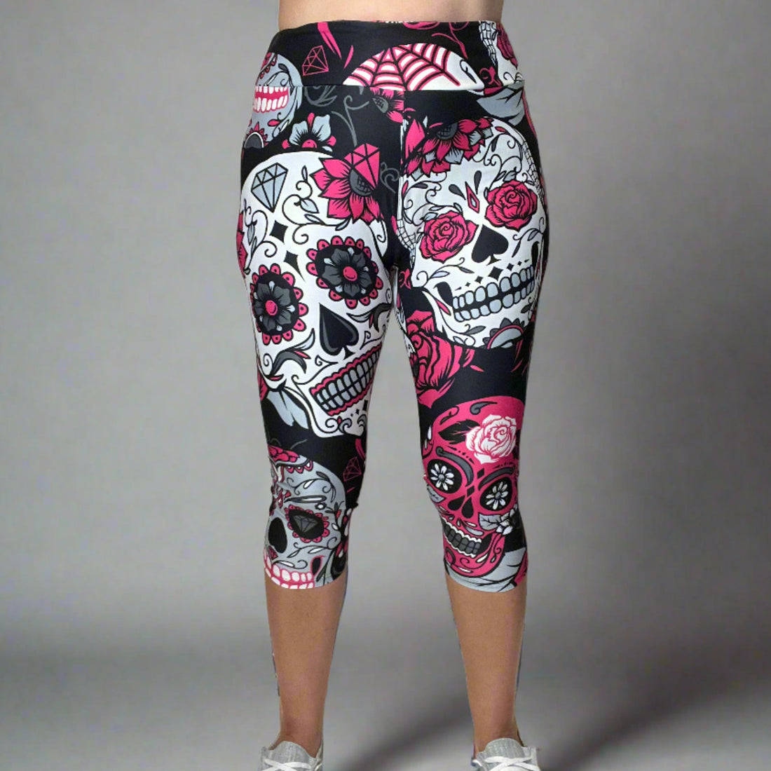 Large Sugar Skull Soft Capri Leggings w/ Pocket In Yoga Band