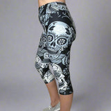Large Sugar Skull Soft Capri Leggings w/ Pocket In Yoga Band