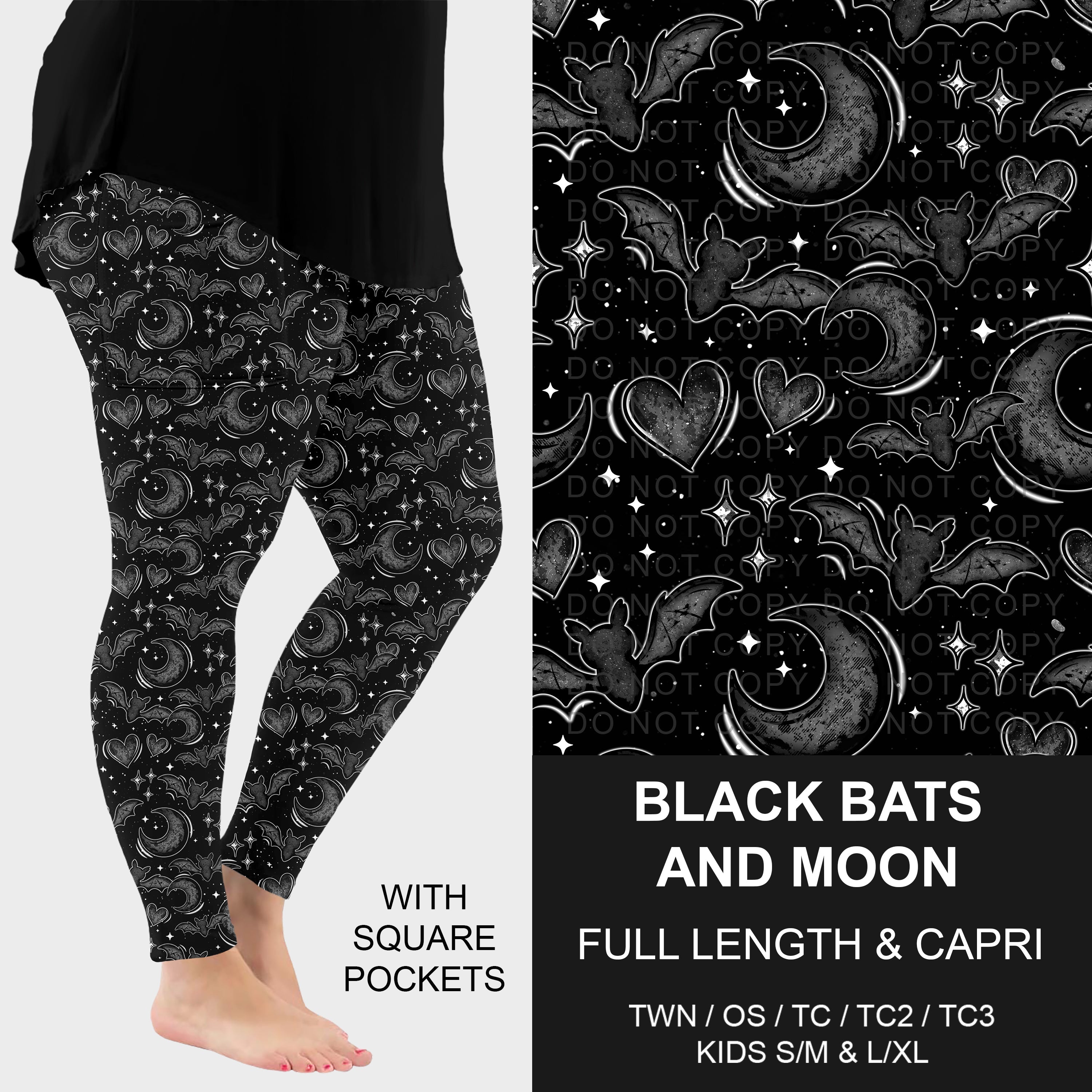 B295 - Preorder Black Bats and Moon Leggings w/ Pockets (Closes 6/14. ETA: late Aug.)