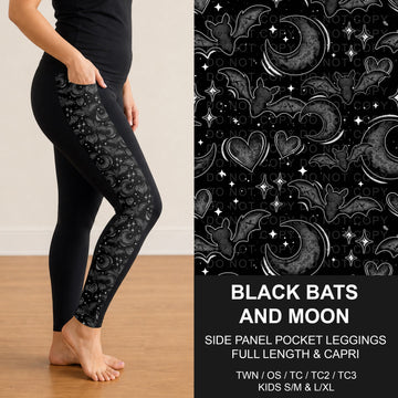 B295 - Preorder Black Bats and Moon Side Panel Pocket Leggings (Closes 6/14. ETA: late Aug.)