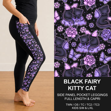 B300 - Preorder Black Fairy Kitty Cat Side Panel Pocket Leggings (Closes 7/15. ETA: mid Sept.)