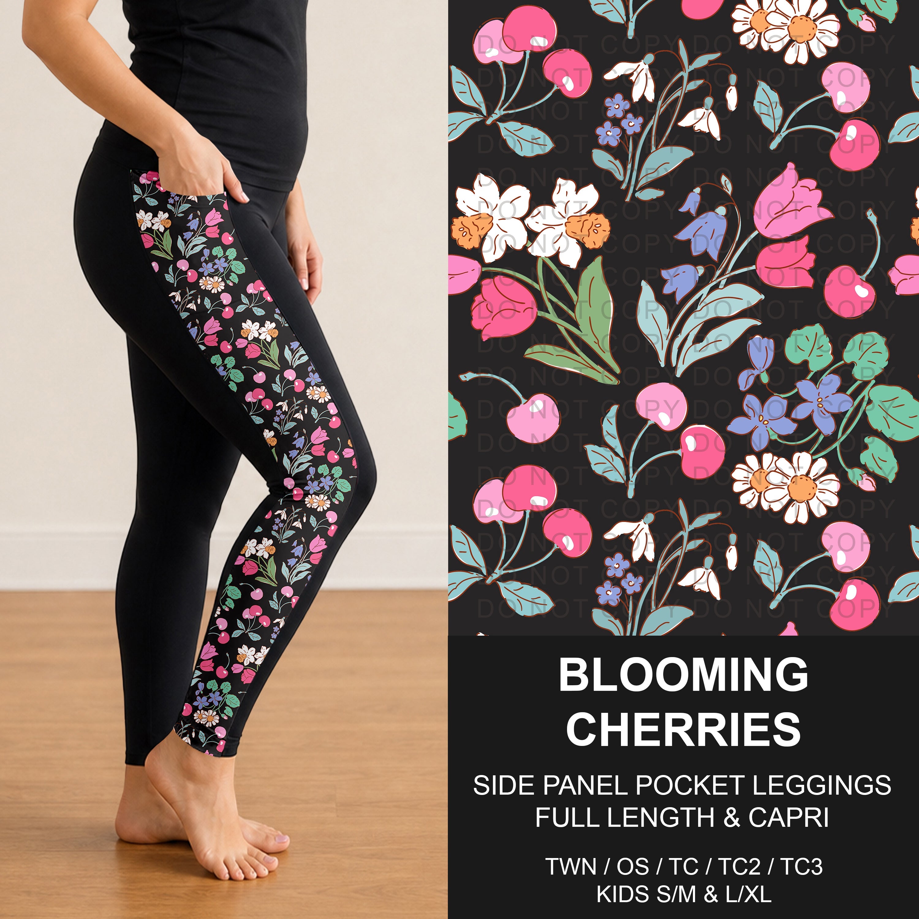 B310 - Preorder Blooming Cherries Side Panel Pocket Leggings (Closes 8/30. ETA: late Oct.)