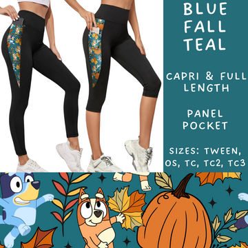 Batch #214 - Character Fall Sets - Closes 10/9 - ETA mid Nov - Blue Fall Teal Panel Pocket Full and Capri Length Leggings