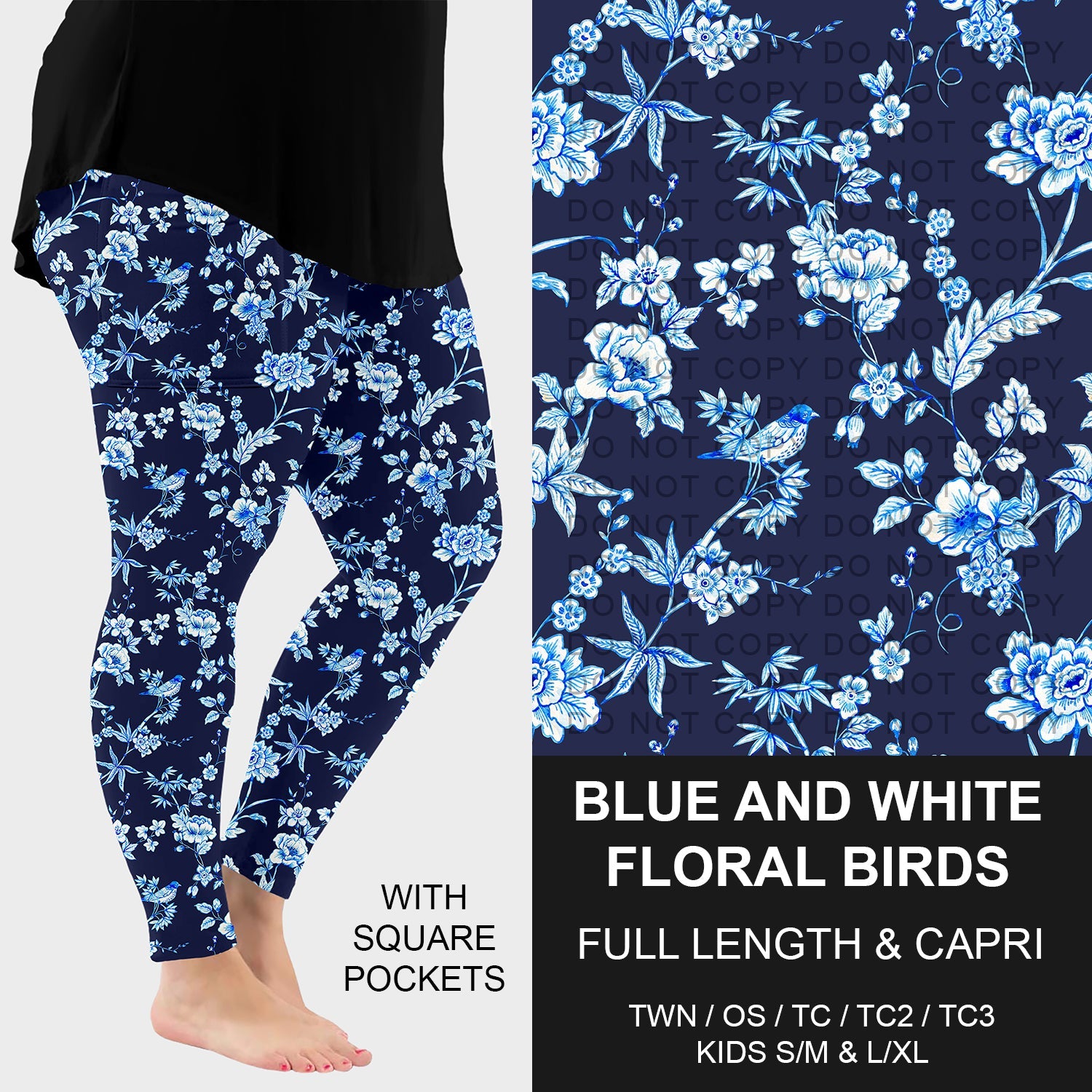 B230 - Preorder Blue and White Floral Birds Leggings w/ Pockets (Closes 5/25. ETA: late July)