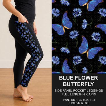 B314 - Preorder Blue Flower Butterfly Side Panel Pocket Leggings (Closes 9/27. ETA: late Nov.)