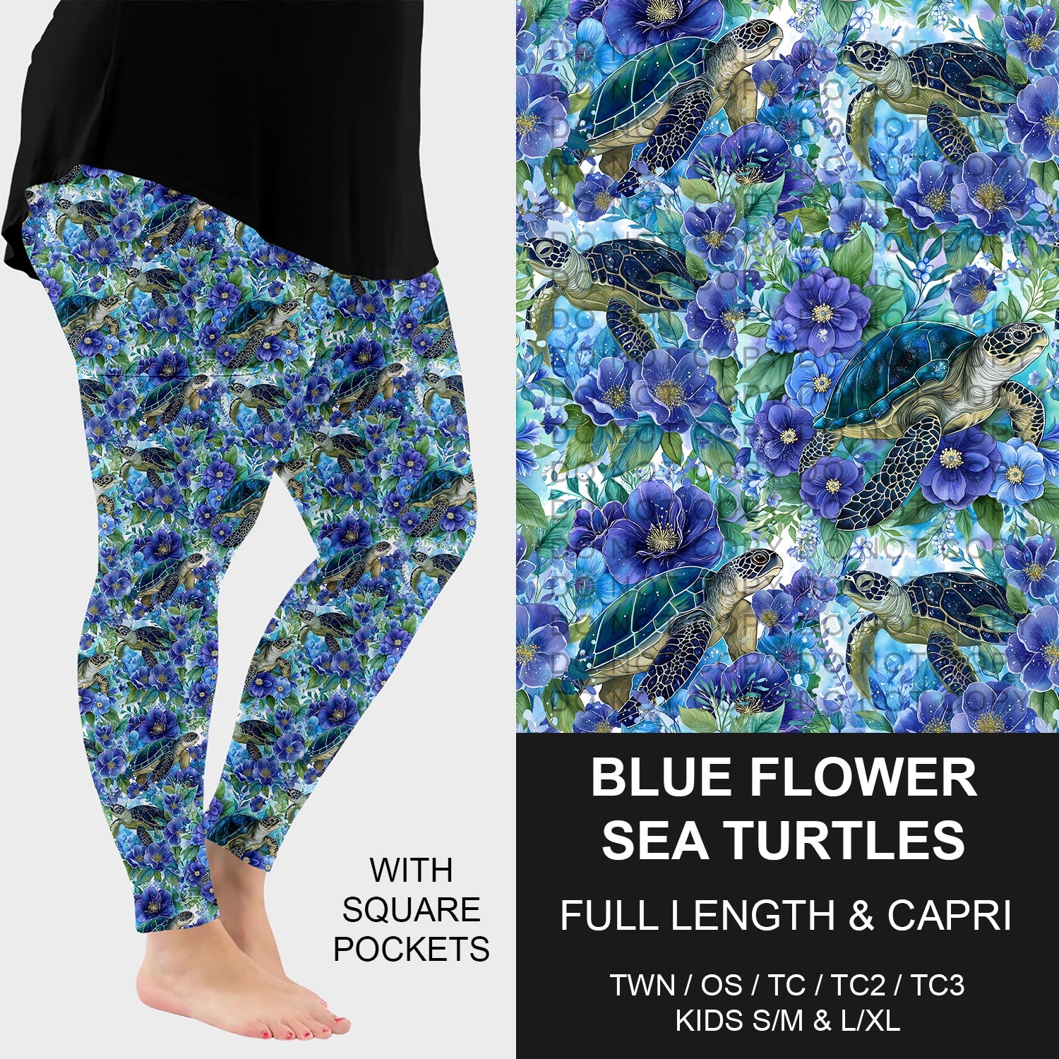 B278 - Preorder Blue Flower Sea Turtle Leggings w/ Pockets (Closes 3/15. ETA: late May)