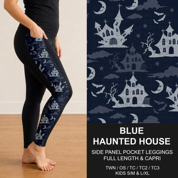 B305 - Preorder Blue Haunted House Side Panel Pocket Leggings (Closes 8/02. ETA: early Oct.)